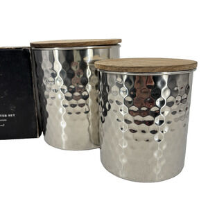 Uncommon James Hammered Canister Set 2 Silver Tone Kitchen Storage Wood Lids New